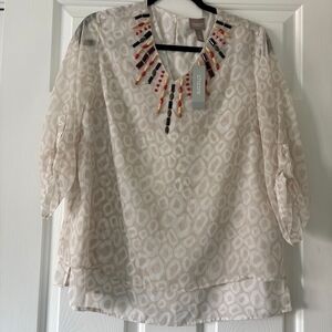 Chico's Cream & Beige Beaded V-Neck Tunic